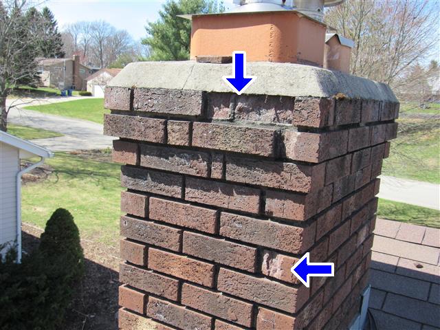 Spalling Bricks are sometimes found in a home inspection and are caused by moisture leaking in the chimney from a broken chimney cap.